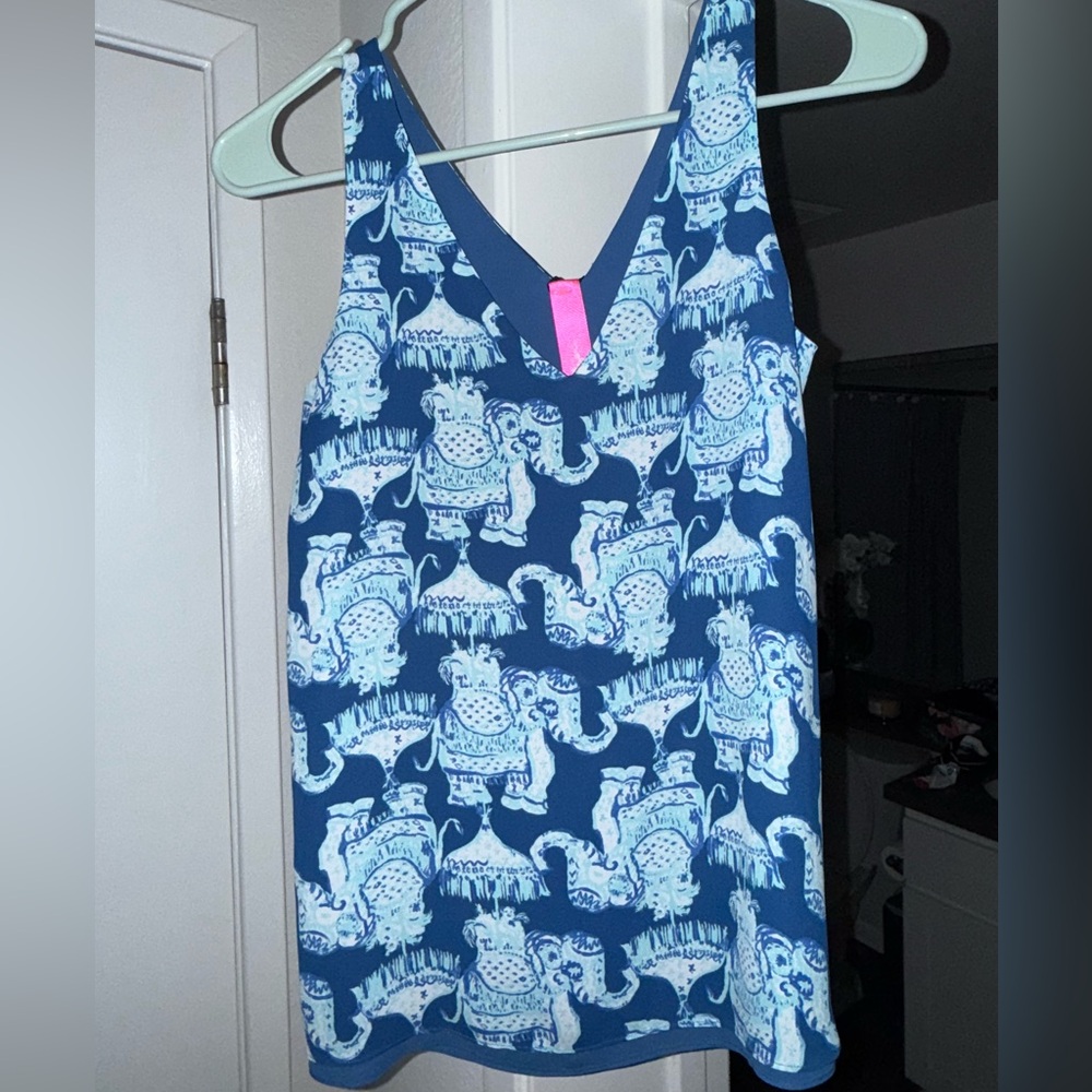 Lilly Pulitzer Deep Indigo Blue Joy Ride Elephant Florin Reversible Tank Top XXS